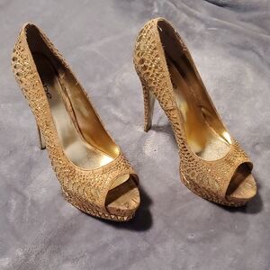 bebe Gold Textured Peep-Toe Heels